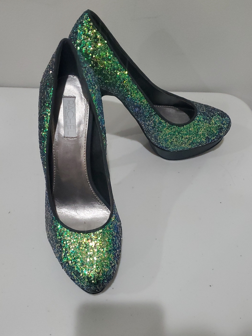 Rachel Green and Blue Glitter Platform Pumps